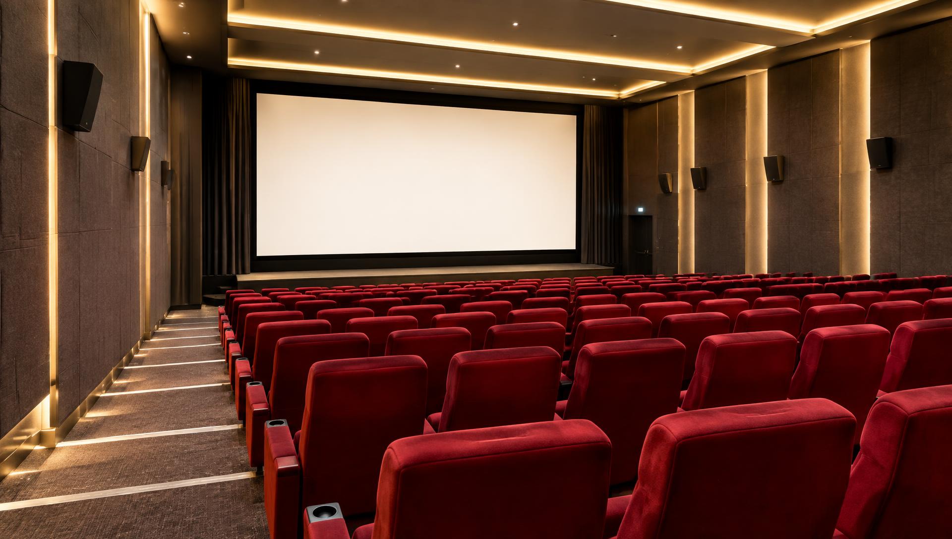 A cinema auditorium with red velvet seats and a large movie screen
